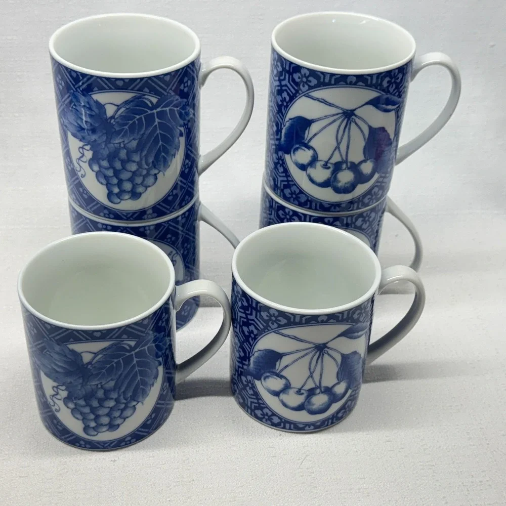 Pier 1 Coffee Mugs Set of 6 Blue White Grape Cherry Chinoiserie Grandmillennial